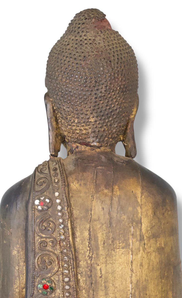 Figura di Buddha Stante su Fiore di Loto in Legno - Thailandia XIX Secolo-photo-2